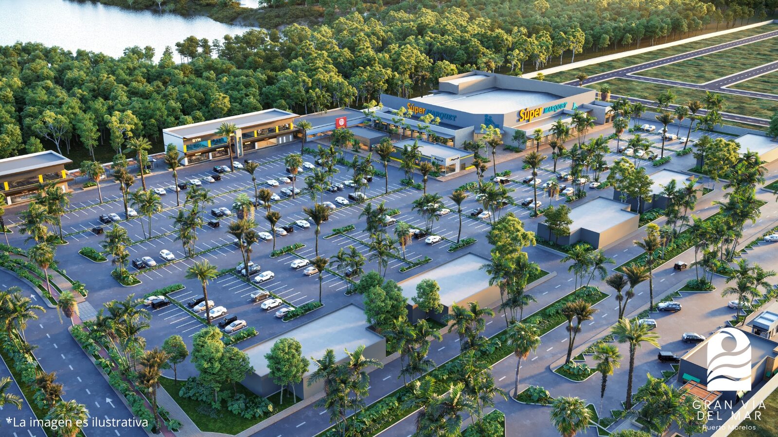 Render aéreo de un desarrollo con áreas comerciales en Puerto Morelos, México
